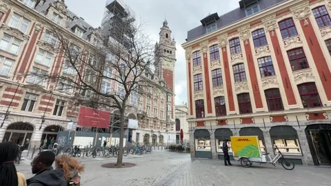People on square with beffroi tower and theater in historic Lille Stock Footage 259783031