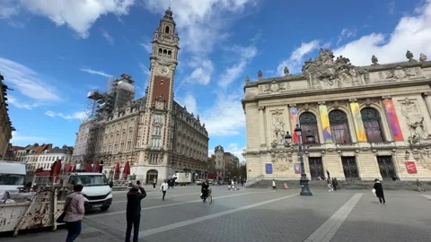 People on square with beffroi tower and theater in historic Lille Stock Footage 275702019