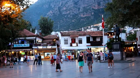 People on the square of Kas, Turkey in evening Stock Footage 52093365