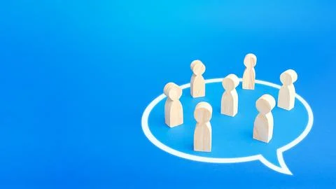 People stand in a conversation cloud bubble shape. Active discussion. Takin.. Stock Photos