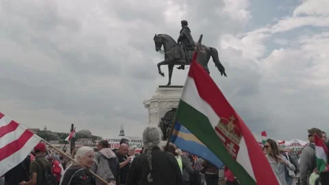 People stand with flags of Hungary Stock Footage 197329081