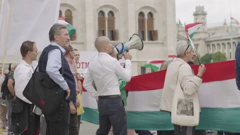 People stand with flags of Hungary Stock Footage 197329083