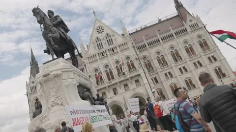 People stand with flags of Hungary Stock Footage 197329089