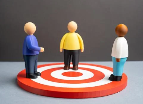People stand on a large arrow target. The target audience of buyers. Market.. Stock Photos