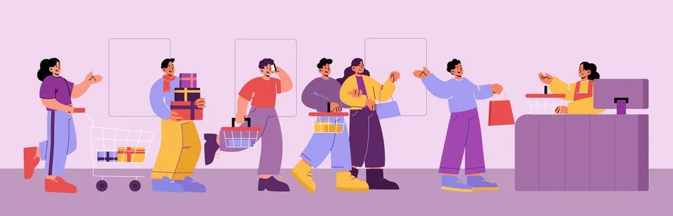 People stand in mall queue. Customers in store イラスト素材