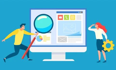 People Stand near Computer, Website with Data Stock Illustration