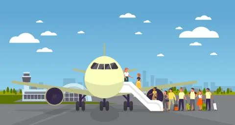 People stand at the plane in airport in queue. Board on the airplane. Stock Illustration