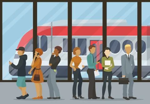 People stand in queue for boarding train vector illustration. People waiting for 스톡 일러스트