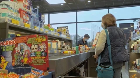 People Stand In Queue To Checkout Line During Covid-19 Pandemic Stock Footage 141920530