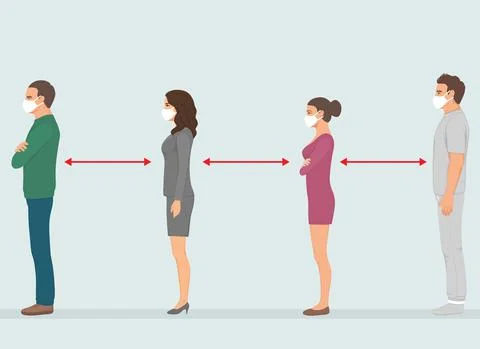 People stand queue. Full length of cartoon sick people in medical masks standing Stock Illustration