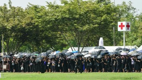 People stand on the queue to join The Royal Cremation for His Majesty the lat Fotos Stock