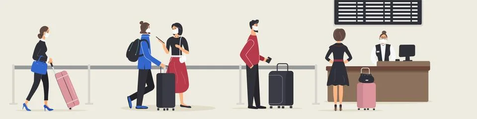 People stand in queue or queuing at check-in desk to check in for flight Stock Illustration