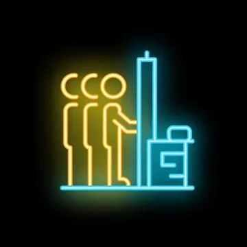 People standing and using voting machine neon sign on black background Illustrazione stock