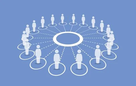 People standing around a circle connecting with each others. Illustrazione stock