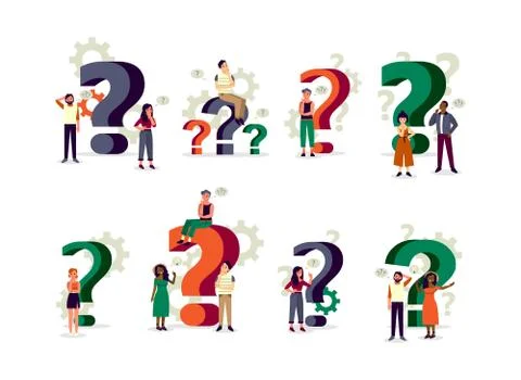 People standing in doubt with big question mark sign. FAQ Stock Illustration