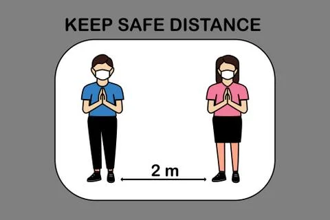 People standing Keep Safe Distance 6 Feet or 2 meter.Man and woman wearing a Stock Illustration