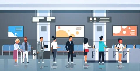 People standing line queue at automatic fare gate public transport station Stockillustratie