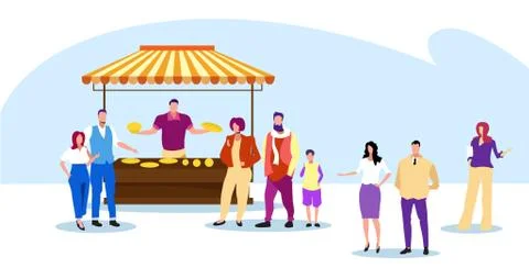 People standing line queue to baked goods stall fair concept men women buying Stock Illustration