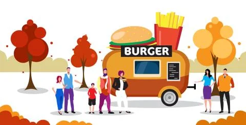 People standing in line queue burger trailer tasty eating street food concept Illustrazione stock