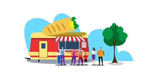 People standing in line queue burrito trailer tasty street food concept outdo Illustrazione stock