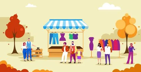 People standing line queue to clothing shop stall fair concept men women buyi Stockillustratie