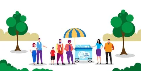 People standing line queue ice cream cart sweet frozen food kiosk tasty stree Illustrazione stock
