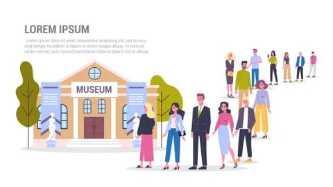 People standing in long queue to the museum. Crowd in line. Illustrazione stock