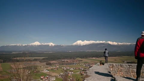 People standing on old defensive thick walls in Smlednik castle, Slovenia Stock Footage 149010819