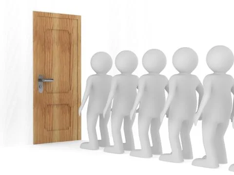 People standing one after another before closed door Stock Illustration