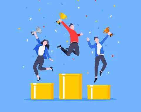People standing on the podium rank first three places, jumps in the air with Stock Illustration