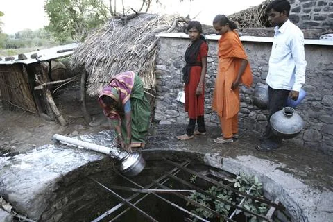 People standing in queue to collect water, Marathwada, Maharashtra, India ... Stock Photos