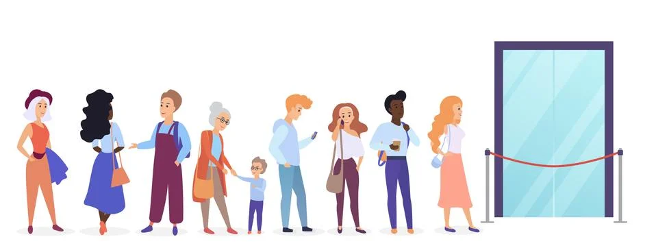 People standing in queue line in front of shop entrance doors. Cartoon man and Stock Illustration