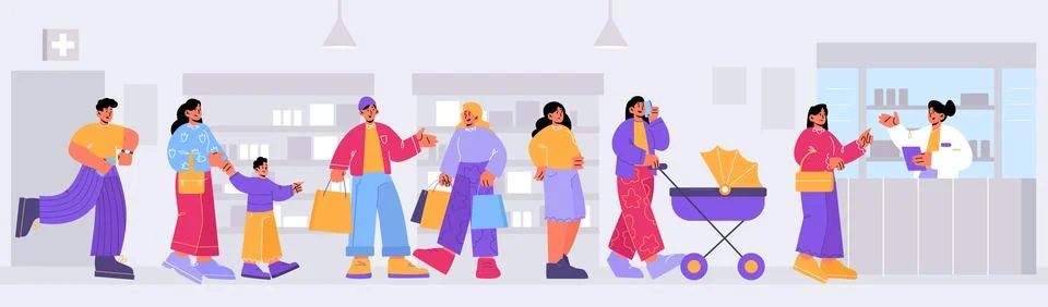 People standing in queue in pharmacy Illustrazione stock