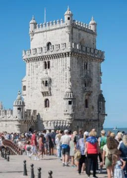 People standing in a queue to popular Belem tower. Stock Photos