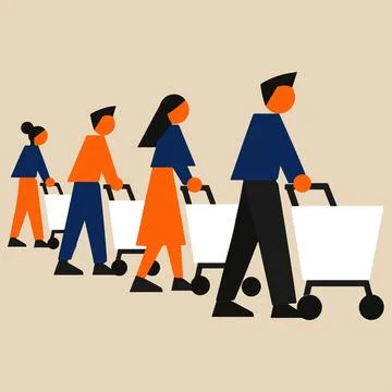 People standing in queue with shopping carts for checkout process at superm.. Stockillustratie