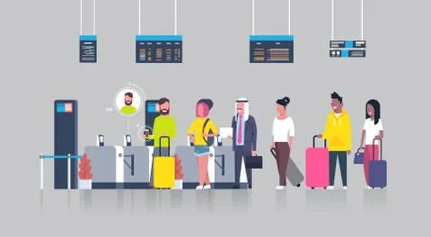 People Standing In Queue With Suitcases For Checking In Airport Passing Through Illustrazione stock