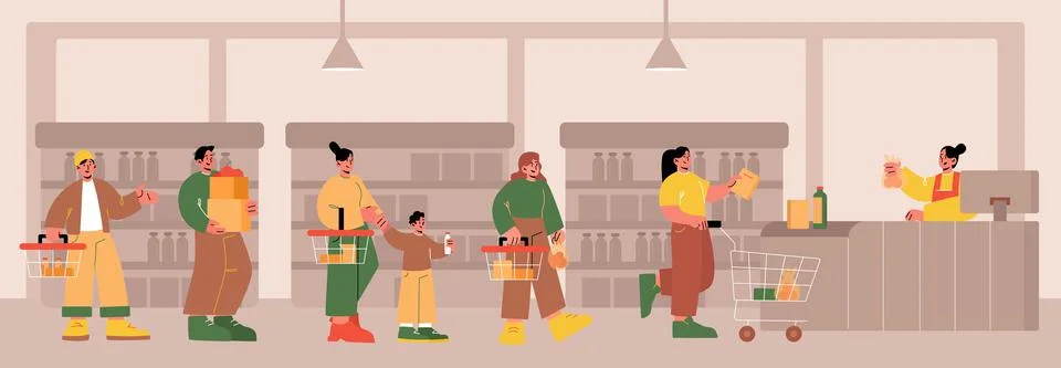 People standing in queue in supermarket イラスト素材
