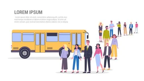 People standing in queue to the yellow bus. Idea Ilustración de archivo