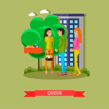 People stay and talk in queue to buy food in street cafe. Vector illustration on Stockillustratie