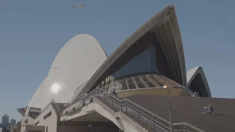 People on Steps and Walkway Outside Modern Building in Sydney Urban Setting Stock Footage 345718480