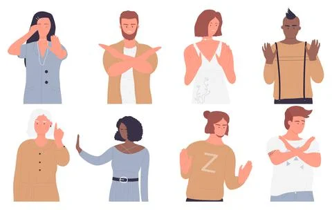 People with stop hand gestures set, man woman reject, cross arms, showing Stock Illustration