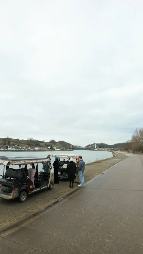 People stopped to admire view while driving with golf carts, motion back view Vídeo Stock 331222434