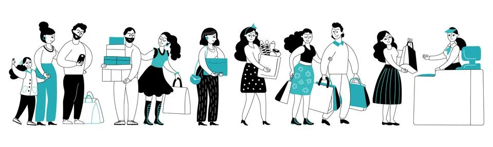 People store queue. Customer shopping, market grocery cashier. Man shops in Stock Illustration