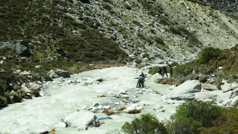 People at the stream throwing a rope beyond the water stream Stock Footage 77450046