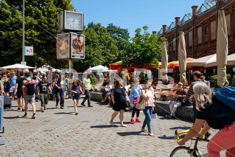 People on street market at Hackescher Markt in Berlin, Mitte on a sunny summ Stock Photos