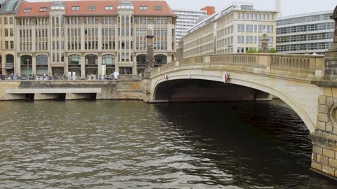 People on the street near the Friedrichsbrucke bridge and the Spree river in Stock Footage