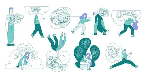 People Struggling with Clutter of Thoughts in Brain Vector Set Stock Illustration
