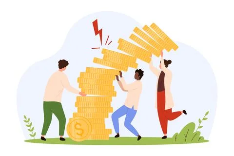 People Struggling With Unstable Coin Stack Risk Stock Illustration
