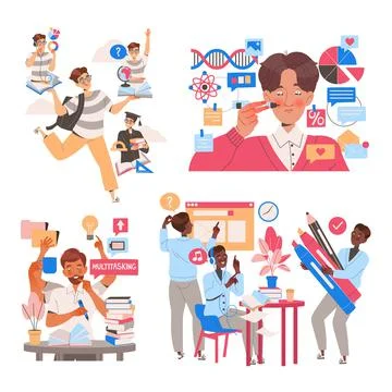 People Student Characters Learning Multitasking Switching Between Different Illustrazione stock
