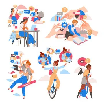 People Student Characters Learning Multitasking Switching Between Different イラスト素材